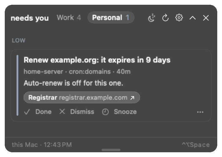 The open panel on the Personal tab with one low-priority card: Renew example.org, it expires in 9 days, with a Registrar link.
