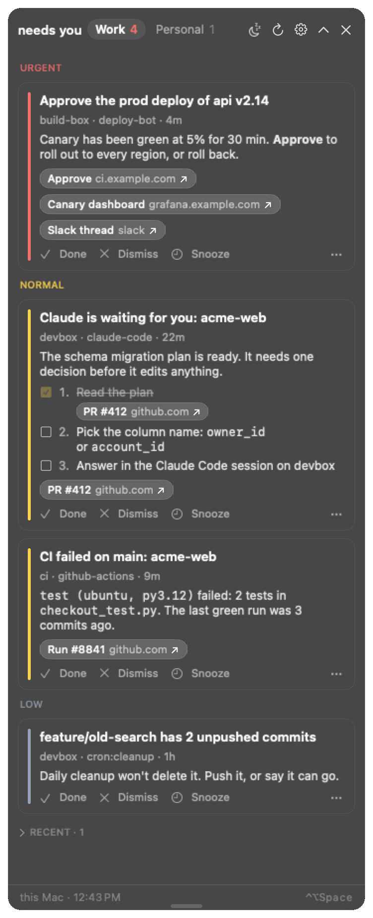 The open panel on the Work tab with four cards. Urgent: Approve the prod deploy of api v2.14, from build-box, with Approve, Canary dashboard and Slack thread links. Normal: Claude is waiting for you on acme-web, with a three-step checklist whose first step is ticked; and CI failed on main for acme-web, with a link to the run. Low: a branch with 2 unpushed commits. Each card has Done, Dismiss and Snooze.