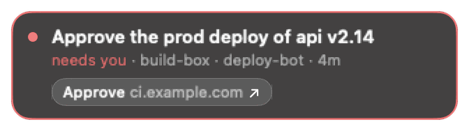 An arrival preview: Approve the prod deploy of api v2.14, needs you, from build-box, with a button reading Approve, then ci.example.com in fainter text, then an arrow.