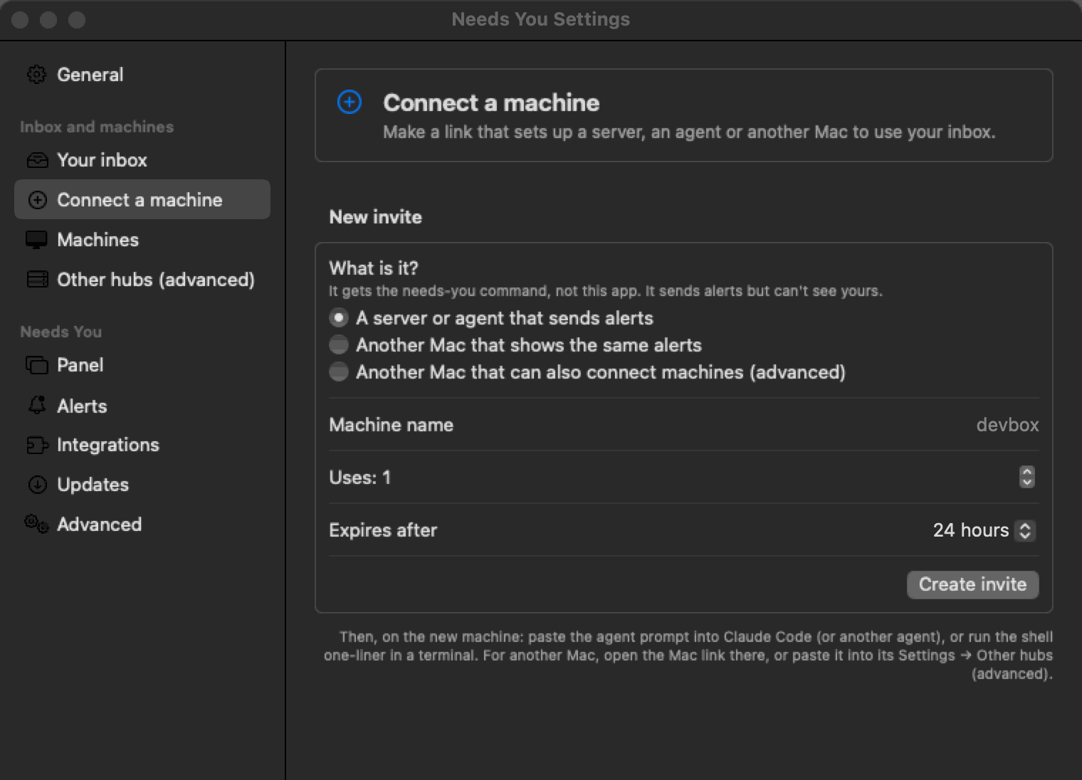 Settings, Connect a machine page: a New invite form asking what the machine is (a server or agent that sends alerts, another Mac that shows the same alerts, or another Mac that can also connect machines), its name, uses and expiry, and a Create invite button.